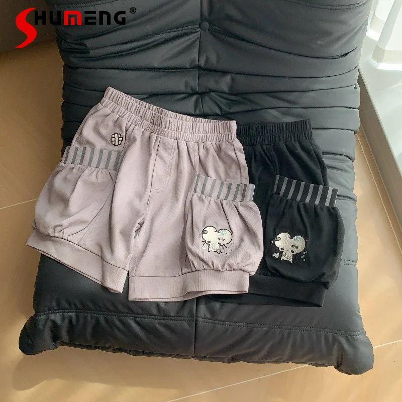 

Summer Japanese Lolita Style Two-tone Bud Shorts Elastic Waist Embroidery Slim Fit Cute Otaku Kawaii Versatile Daily Short Pants
