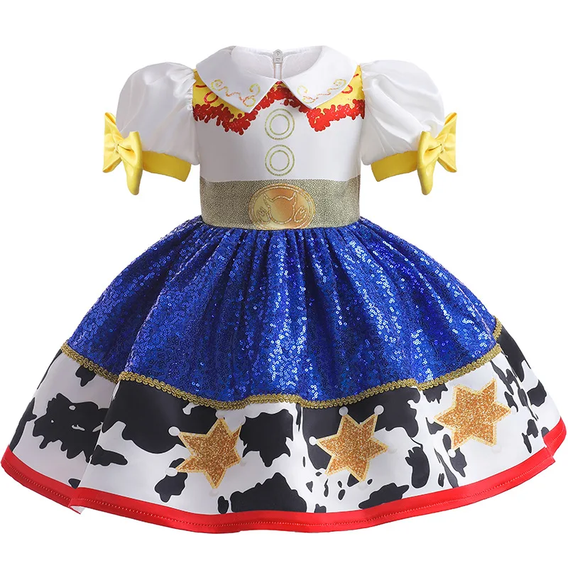 

Carnival Costume Baby Girl Printed Cartoon Cow Sequin Bubble Sleeves Princess Dress With Bow Birthday Party Performance Dress