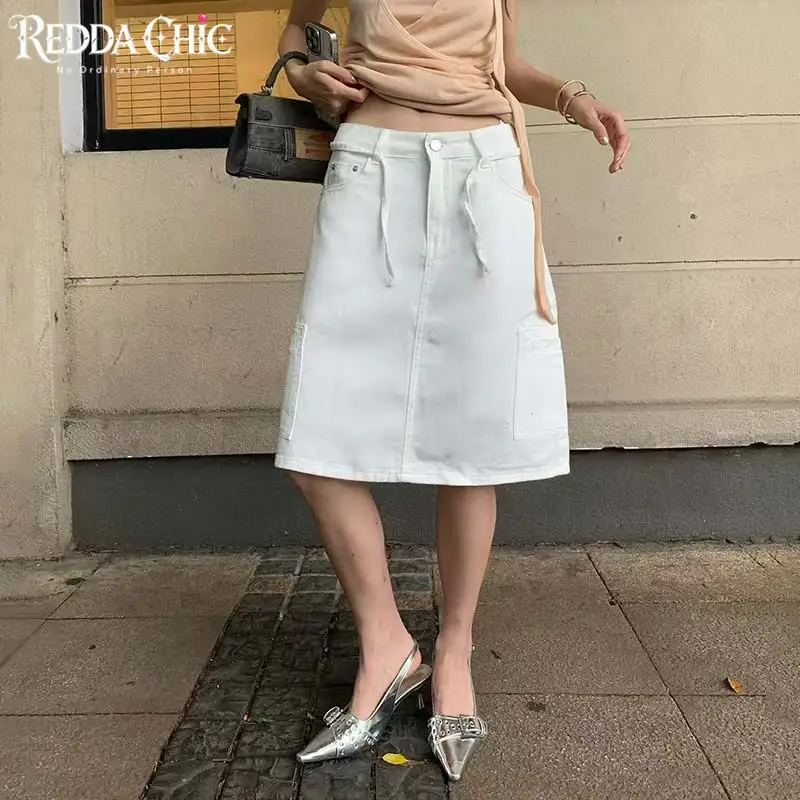 ReddaChic Women Cargo Knee Long Denim Skirt Minimalist Lounge Low Rise A-line Relaxed Fit Jean Skirt Summer Korean Streetwear