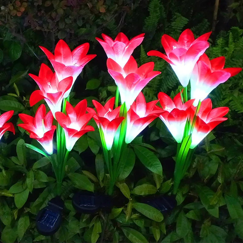 Luces solares para jardín al aire libre, paquete de 4 luces de jardín, flores de lirio, LED cambiantes multicolor, luces solares para exteriores