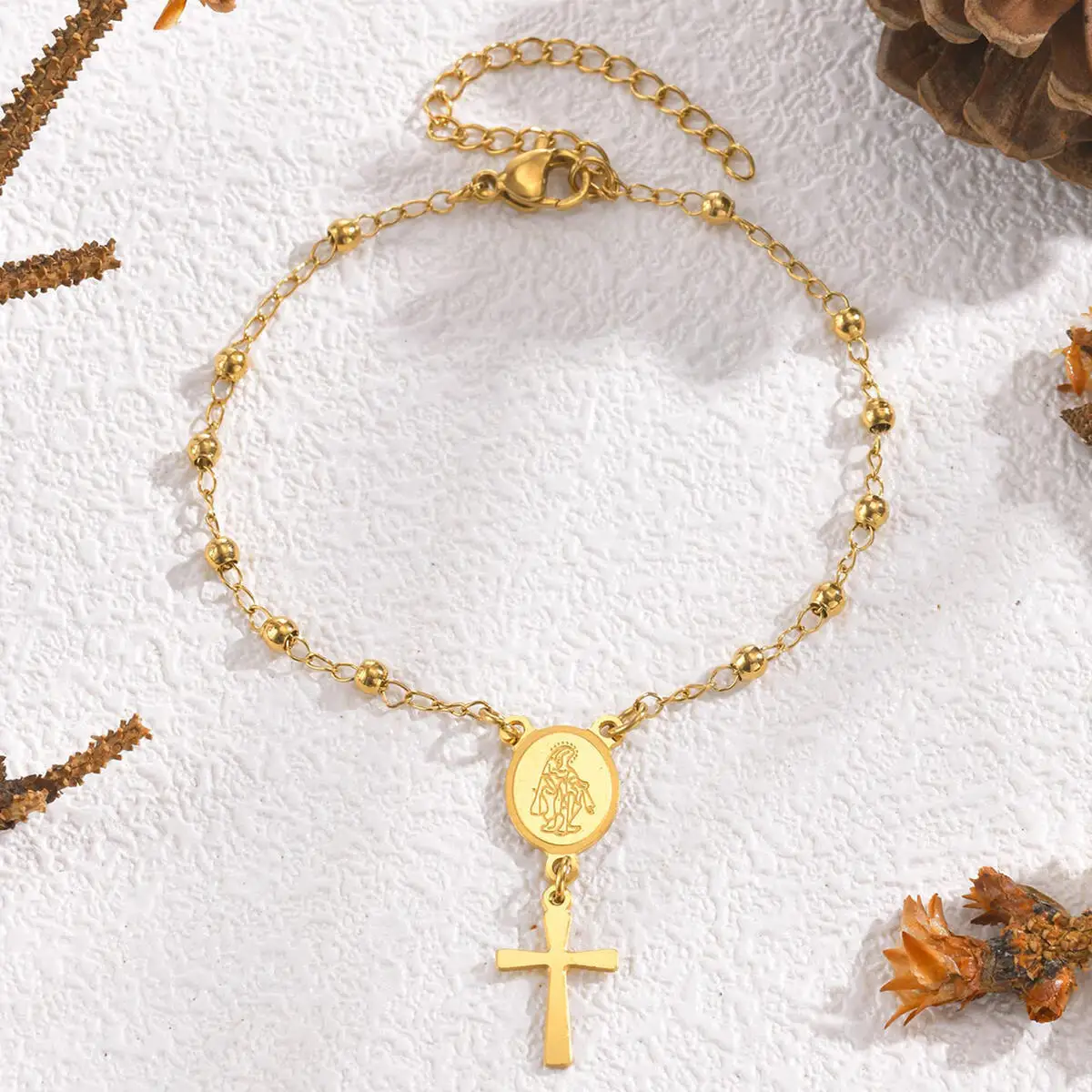 Cross Rosary Adjustable Bracelet for Women, Gold Plated Virgin Mary Christian Catholicism Jewelry