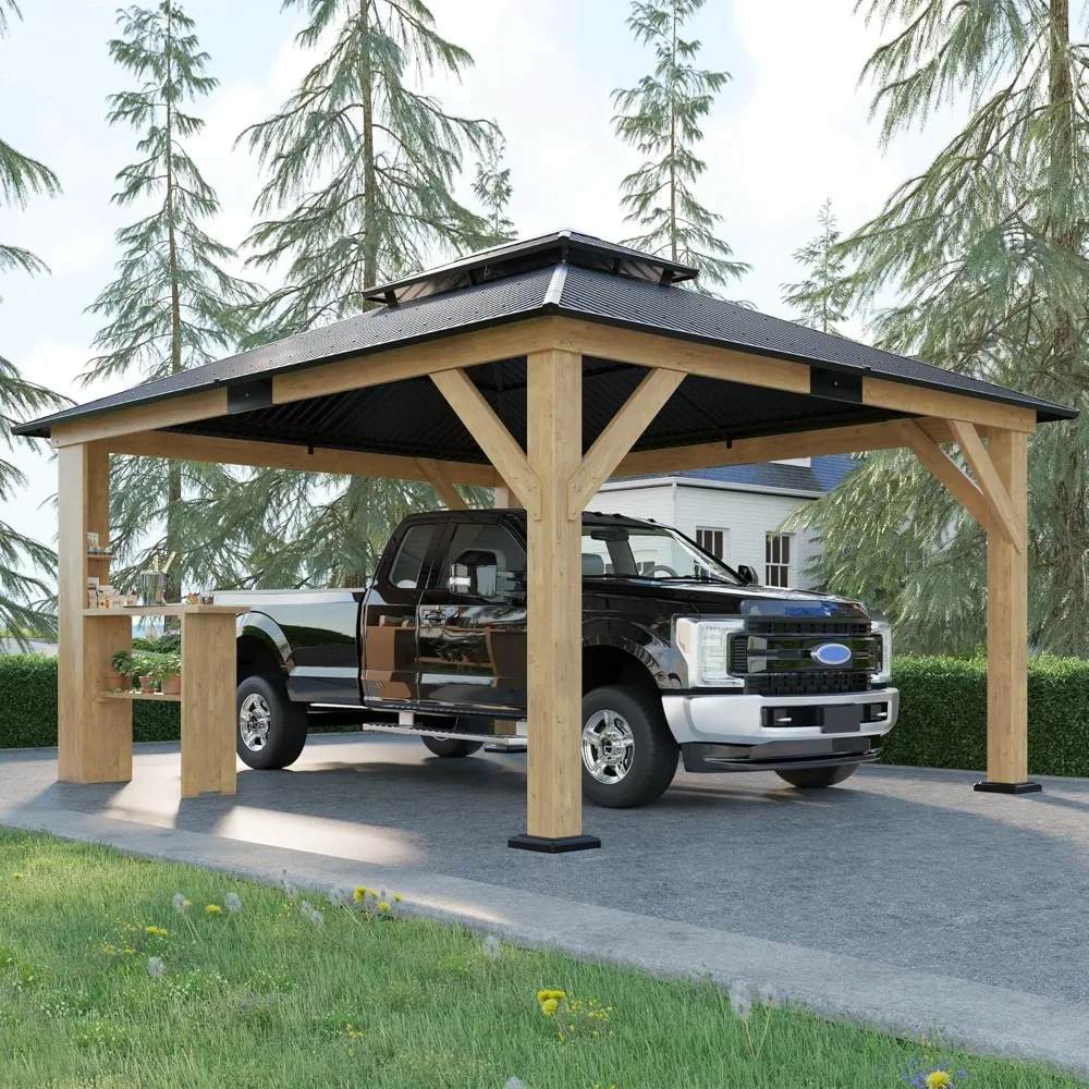 13x15 All-weather Hardtop Pavilion, Double Layered Iron Roof, Outdoor Pavilion with Wooden Frame