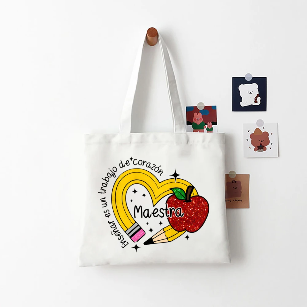 MAESTRA &pencil Apple Print Tote Bags Teacher Commut Tote Package Large Capacity Portable Canvas Handbag Best Teacher Present\\