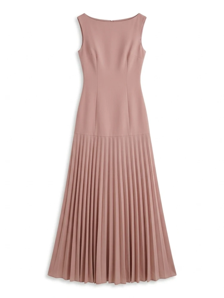 

Freeacy Women's Solid Color Boat Neck Sleeveless Pleated Maxi Dress Elegant Wedding Guest Dress for Evening Events & Vacation