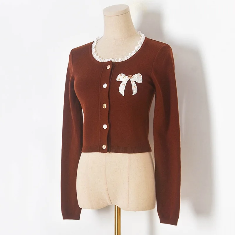 

Early Autumn New Bow Lace Crew Neck Short Knitted Sweater Women Long Sleeve Cardigan Women's Top