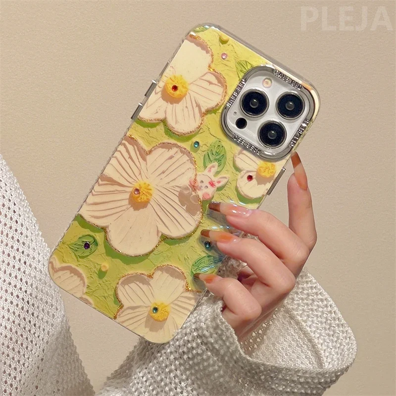 Blu-ray Floral Flowers Rabbit Green Phone Case for iPhone 15 14 ProMax 13 12 Pro Max 11 Cover Women Cute Stylish Soft Cases