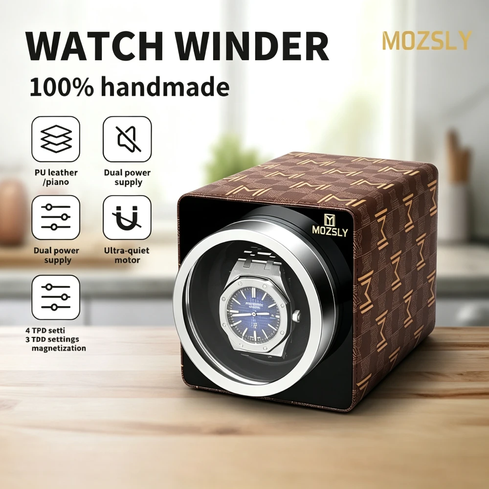Mozsly Luxury Single Watch Winder, PU Leather Piano Finish & 100% Handmade, 10-20dB Japanese Quiet Motor, 4 TPD & 3 Rotation Modes, Dual Power Anti-Magnetic, for Display Case, Fits Rolex Omega