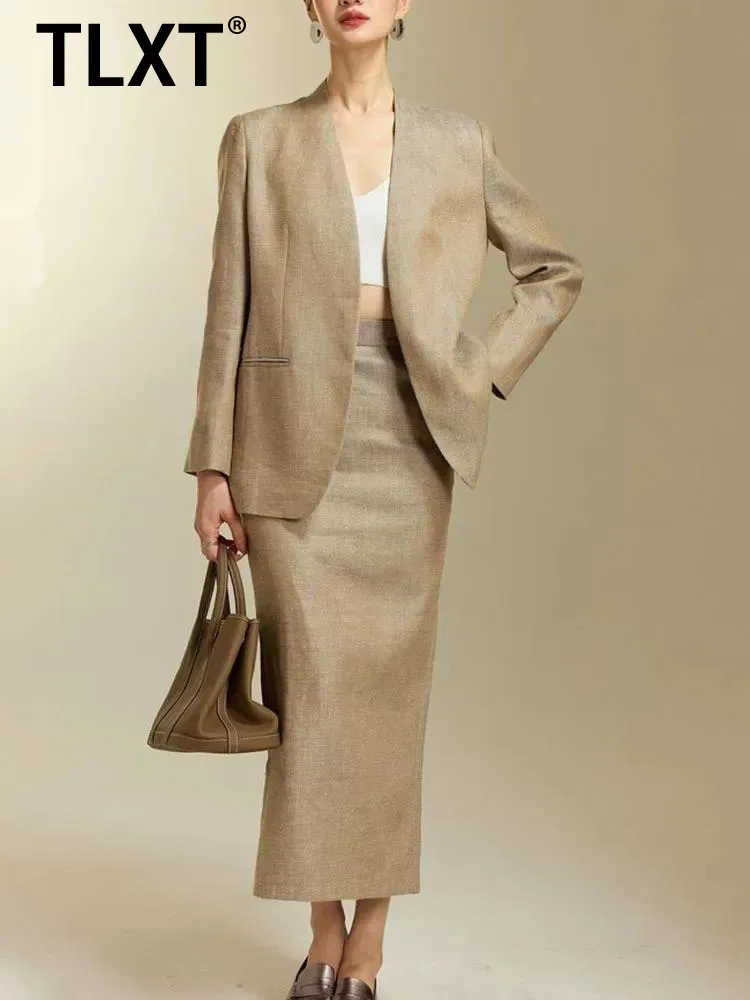 

TLXT Temperament Золотой шелковый льняной костюм из 2 предметов, женский тонкий пиджак с v-образным вырезом и длинными рукавами, модная юбка, лето 2025 XK1289