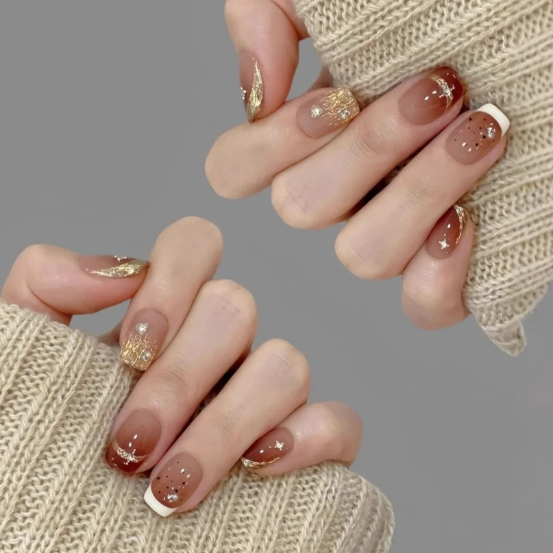 

10Pcs French Handmade Press on Nails Brown Square Fake Nails Autumn Wearable Stick-on Nails False Nail Накладные Ногти 네일팁 Uñas