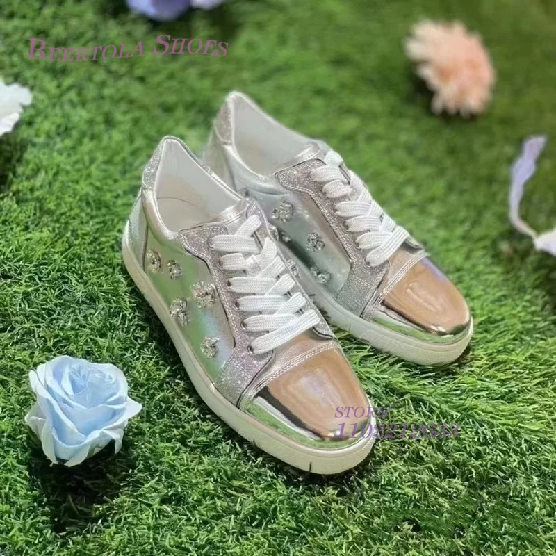 Gold Leather Sneakers Jeweled Strap Women Glitter Flat Casual Men White Sports Lace Loafers Spring Mules Round Sequin Bling Shoe