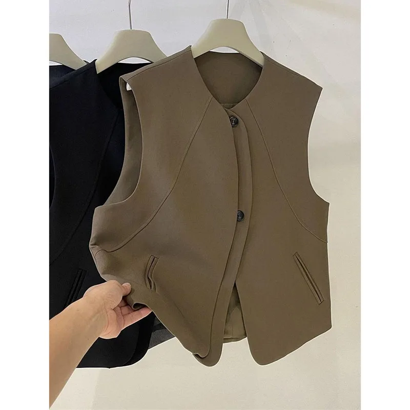 秋のレディースファッションカーディガンノースリーブアウター女性ラウンドネックカジュアルベストコート韓国女性無地チョッキジャケット