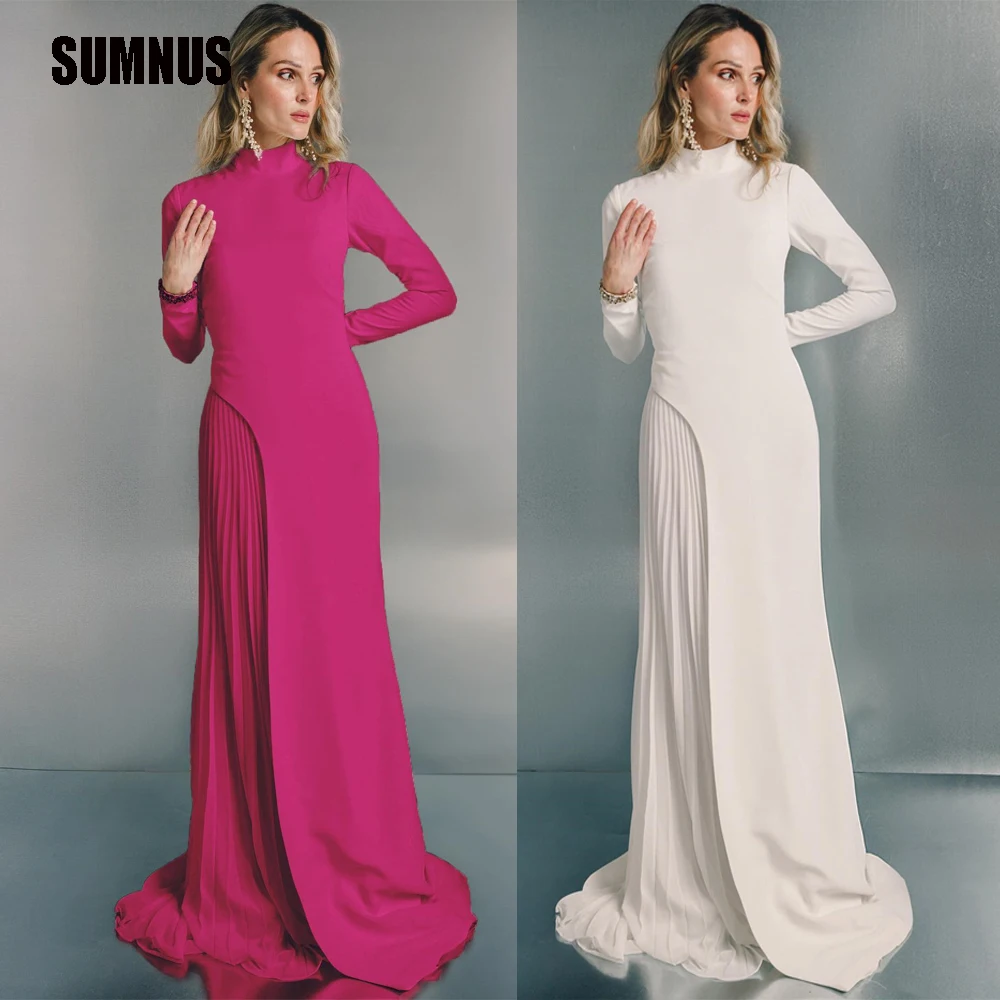 

SUMNUS Fuschia Evening Gowns Long Sleeves vestidos de fiesta para mujer Elegant Pleats Formal Occasion Dresses Chic Custom White