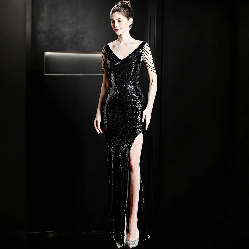 Hochwertiges Damen-Abendkleid mit Pailletten, Meerjungfrauen-Schnitt, V-Ausschnitt, rückenfrei, bodenlang, glitzernd, französisch-elegantes Bankett-Party-Festkleid – Detail 3