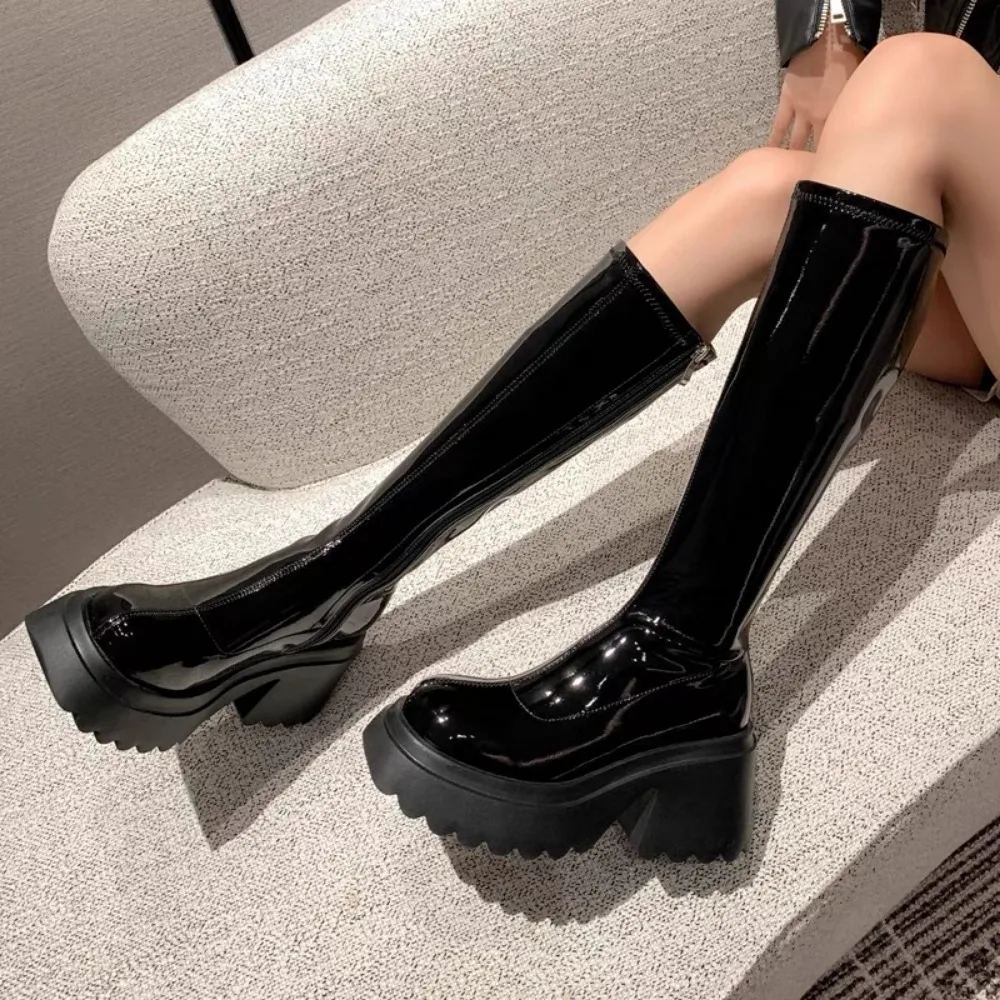 Punk Style Woman High Boots Zipper Fashion Patent Leather Long Booties Autumn Winter High Heel Ladies Shoes