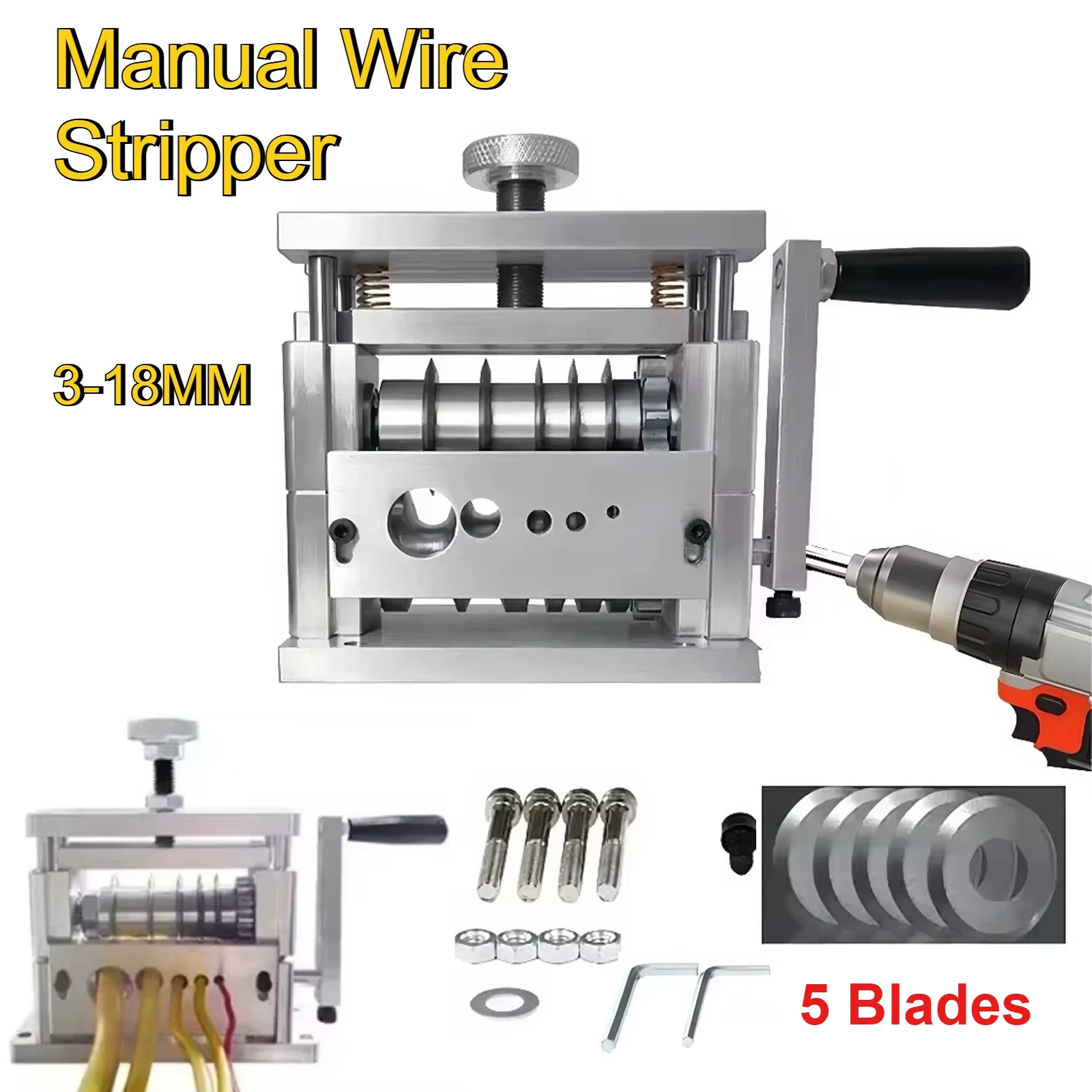 Manual Wire Stripping Machine with 5 Channels & 5 Blades Portable Aluminum Frame Wire Peeler for Scrap Copper Recycling 1.5-17mm