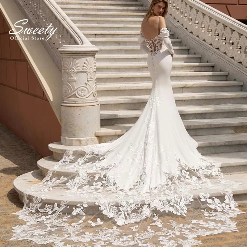 Abito da sposa modesto in organza di raso con abito da ballo a sirena con scollo a V a cuore e linea sottile ​ abiti da sposa a maniche lunghe Robes De Mariée