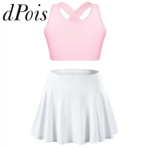 Kids Girls Sports Suits Tracksuits Child Two Pieces Sportswear Sleeveless Crop Top Pleated Skort Skirt for Tennis Workout Outfit
