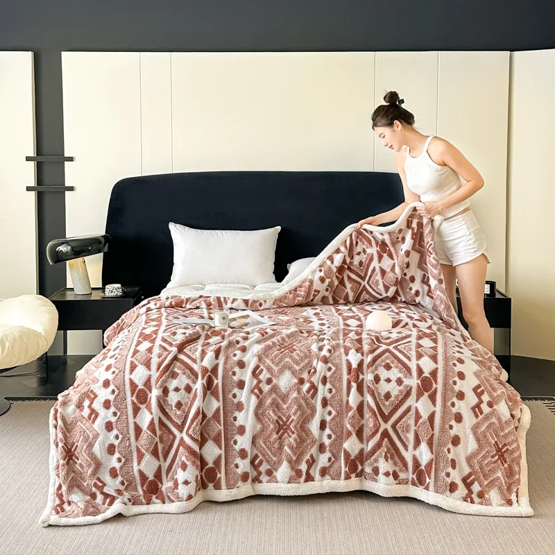 New Fall Winter Thickened Warm Blanket Bohemia 3 Colors Cationic Jacquard Blankets Soft Cozy Warmth Artificial Lambswool Blanket