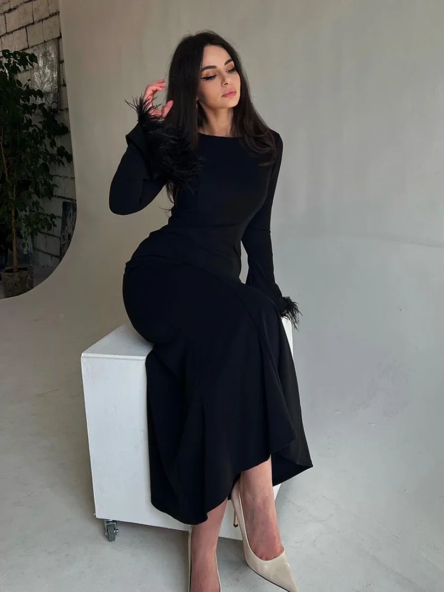 Vestido Dress for Women Feather Cuffs Long Skirt Elegant Slim Buttocks Wrapped Frock Solid Evening Party Outfits Spring Autumn