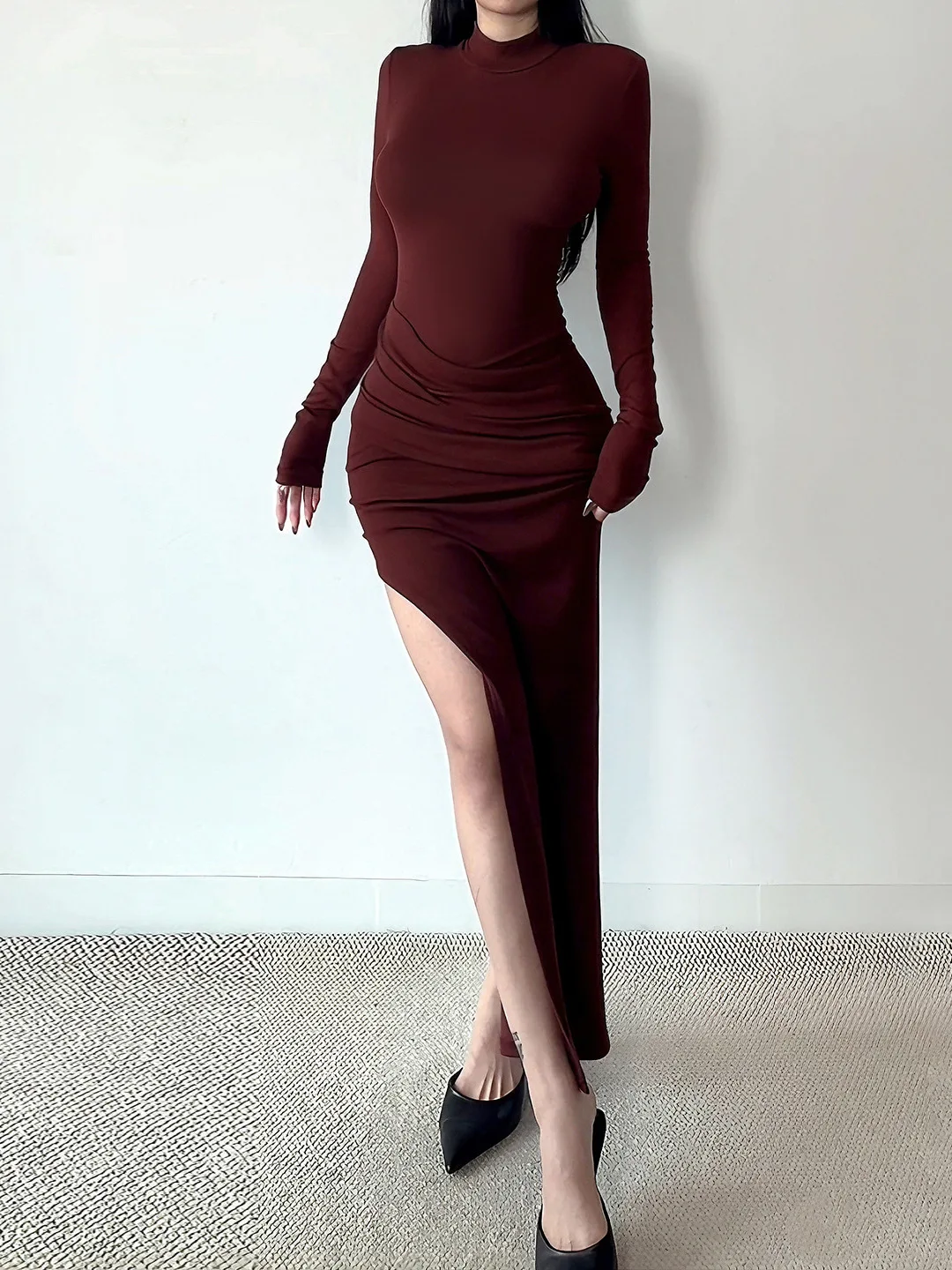 Harajuku Borgogna Abito da sera per le donne Alta fessura Multi-strato increspato Aderente Gonna a sirena Eventi Festa di ballo Abiti Robe