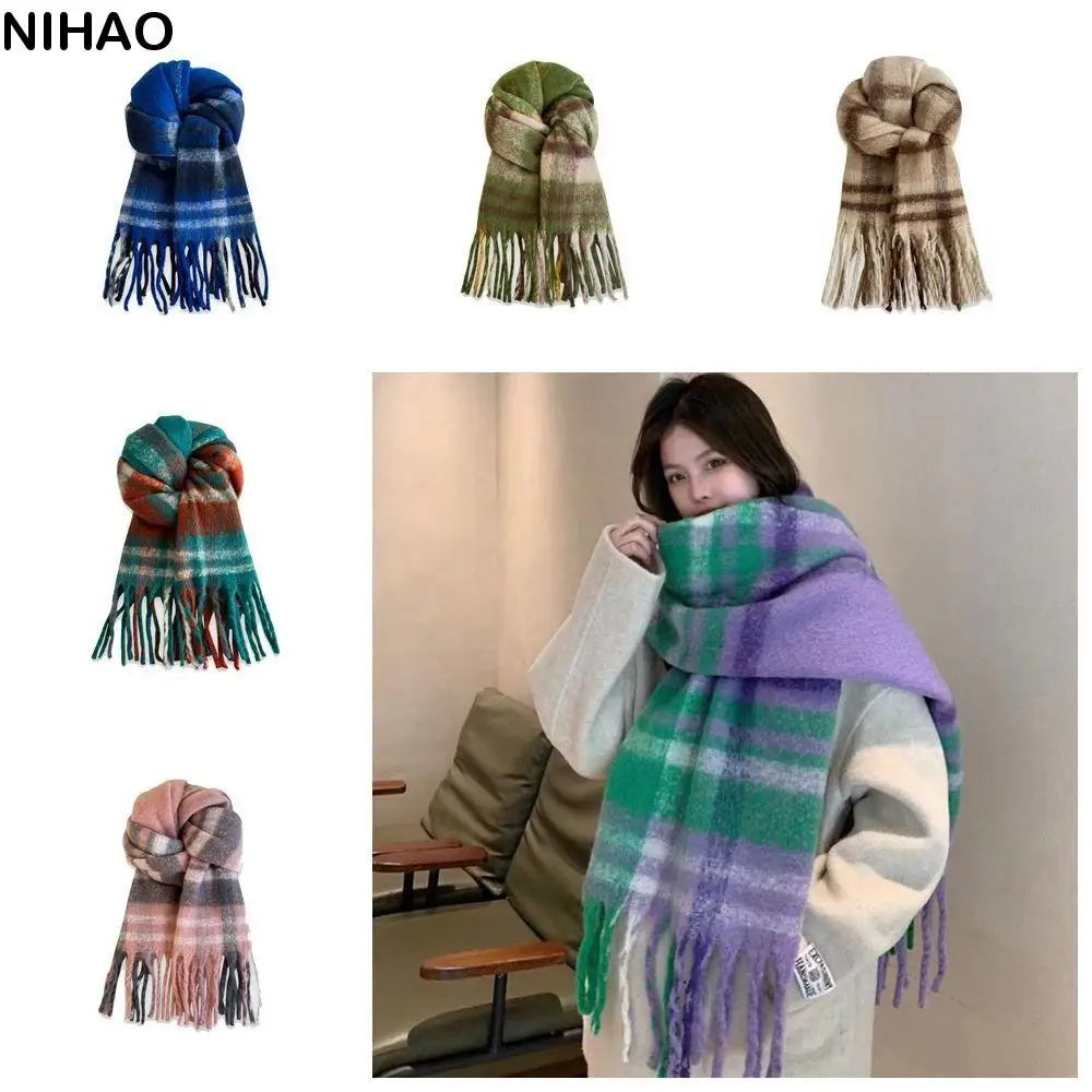 

Warm Tassel Plaid Wool Scarf Plush Cashmere Shawl Winter Cashmere Scarves Wool Scarves Solid Color Cape Wraps Student