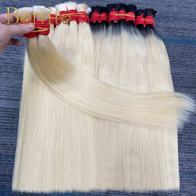 

613 1B-613# No Weft Human Hair Bulk Hair Extensions Blond Hair Bundles Vietnamese Virgin Hair Straight Weaving Hair for Braiding