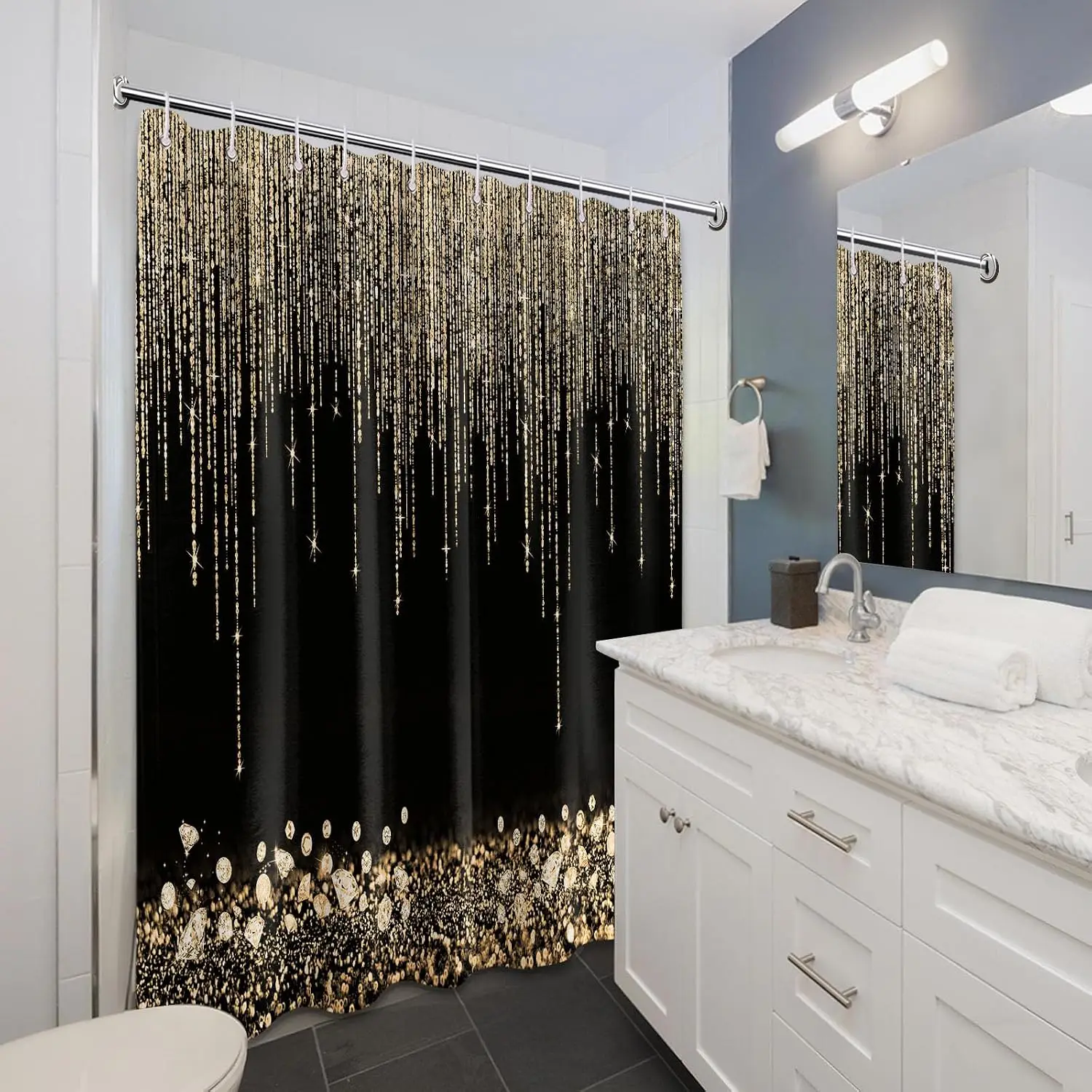 Luxurious Gold Glitter Shower Curtain Black Waterproof Bathroom Decor Home Accent Polyester Linens for Modern Spa view 4