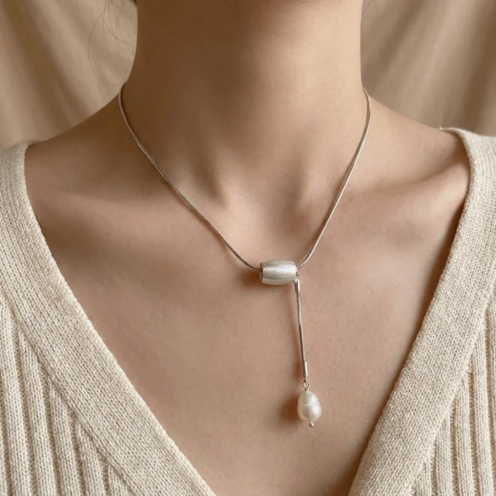 Trendy Adjustable Length Water Drop Necklace Silver Bean Rope Clavicle Chain Punk Metal Vintage Heart Pendant Necklace Daily