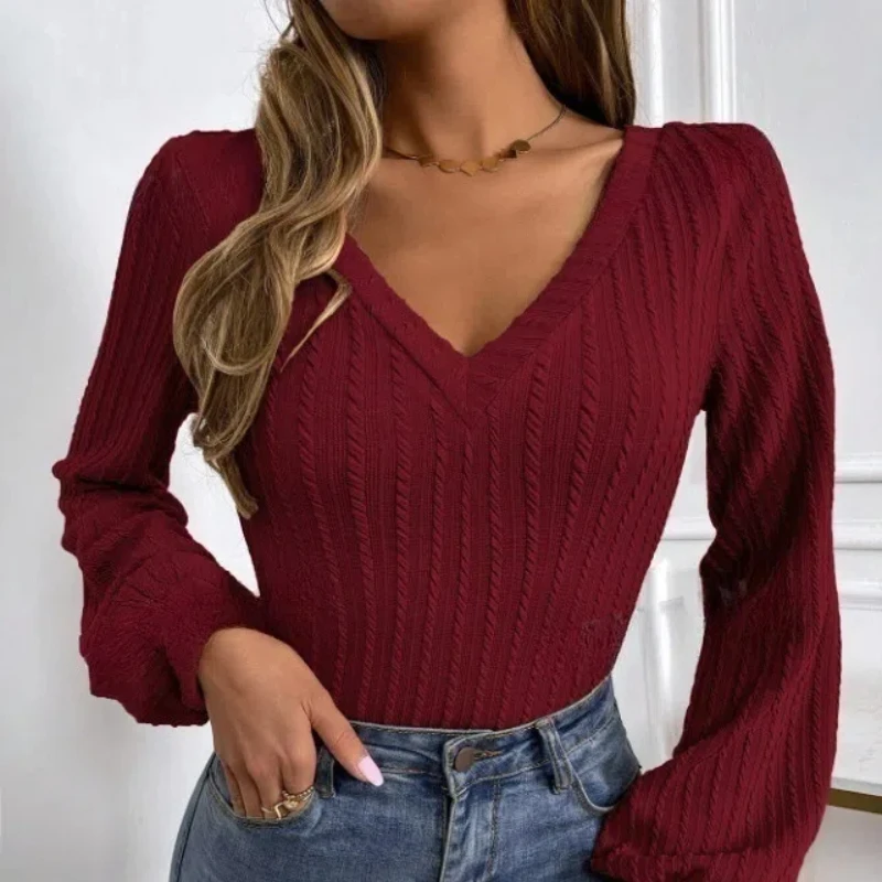 Women's Backless Top Pullover New V-neck Bubble Sleeve Long Sleeved Women's Slim Fit Sweater