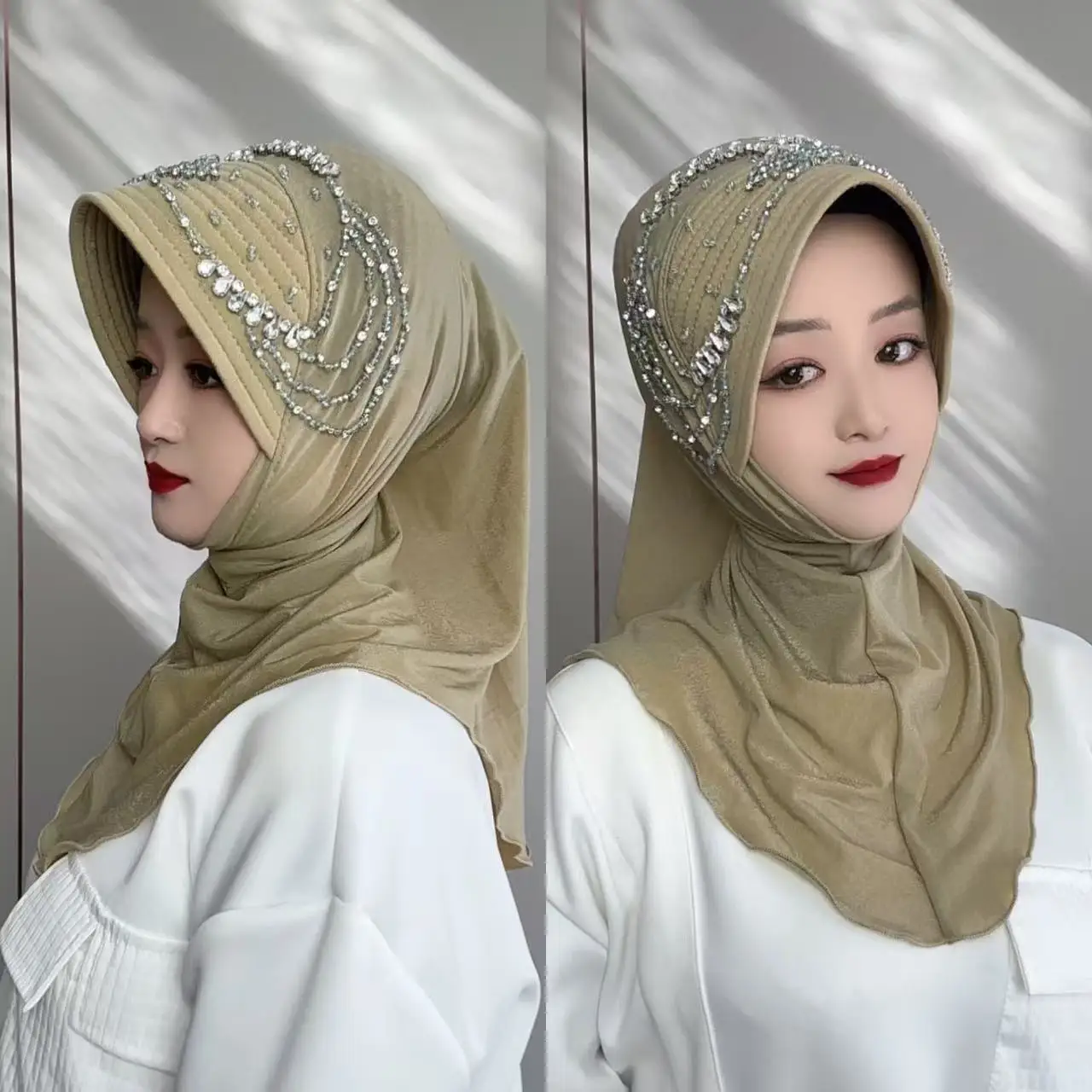 New Muslim Star Tao yarn fabric handmade convenient scarf with pull-on sponge hat brim and hand-sewn rhinestones