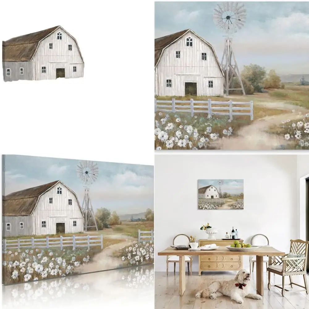 

Rustic Farmhouse Wall Art: Vintage Barn Canvas with Windmill, Blue Sky & White Flowers (36x24)