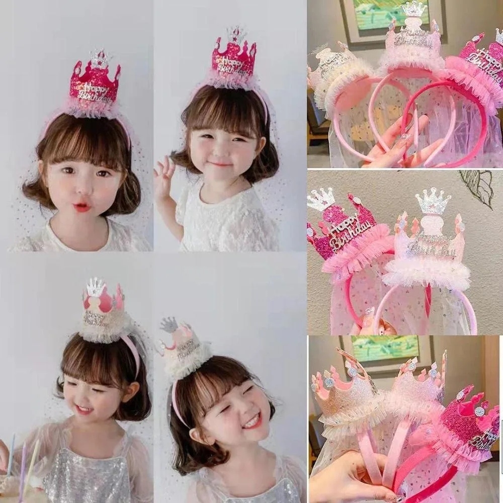 Cute Headbands For Kids Girl Princess Happy Birthday Hairband With Bling Yarn Veil Crown Hat Flower Child Party Hair Accessories