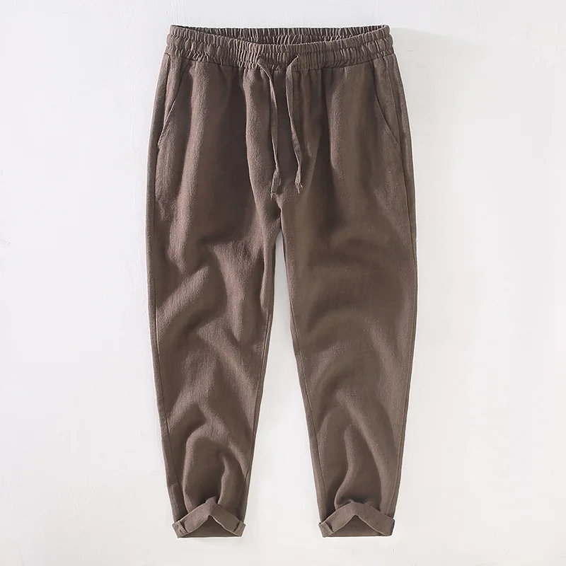 

Men's Mid Rise Ramie Pants with Elastic Waistband, Cotton and Linen Material, Breathable and Casual Cropped Pants