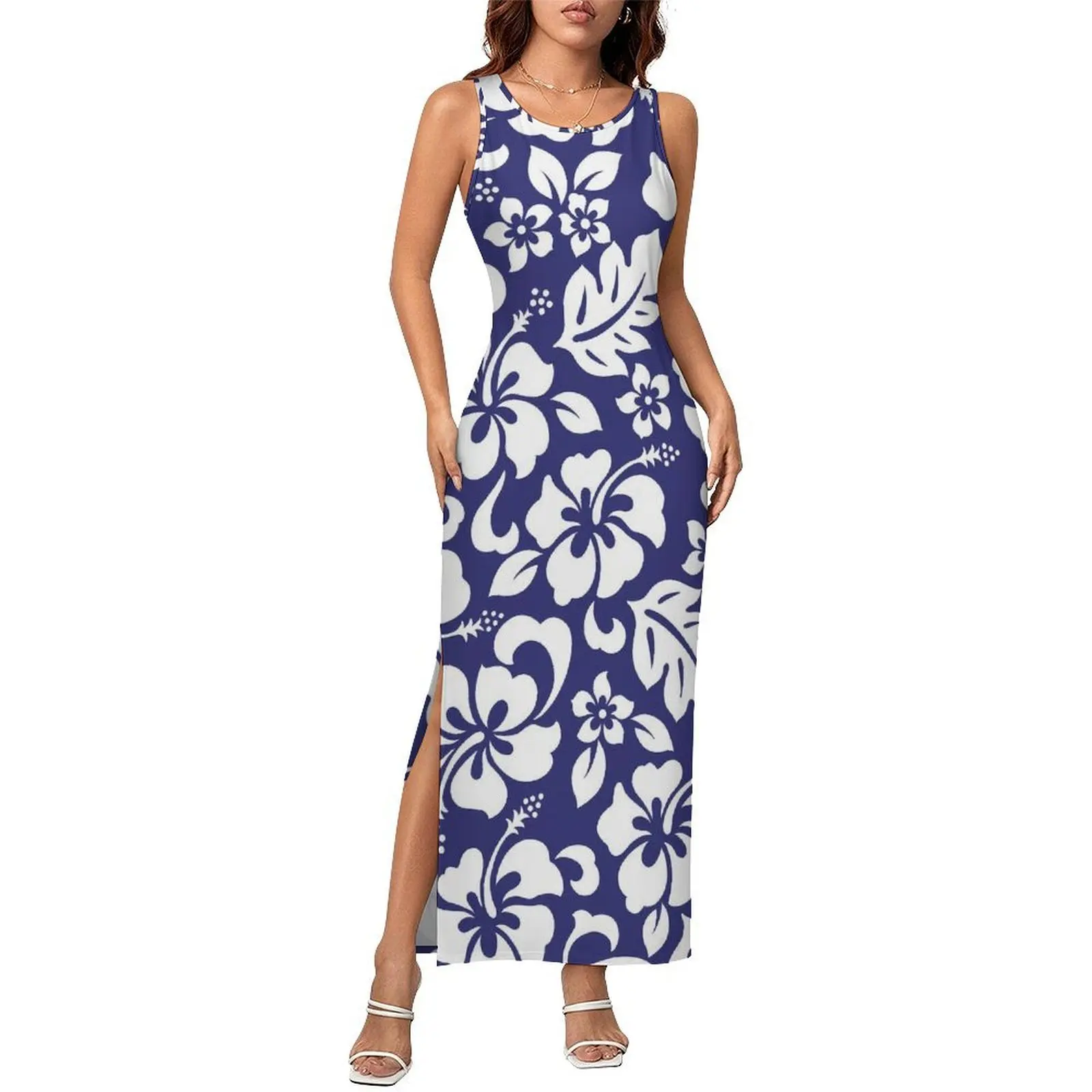 Women Bodycon Dress Cute Tropical Flower Maxi Dresses Holiday Hawaiian Hibiscus Sleeveless Aesthetic Design Dress 2XL 3XL 4XL