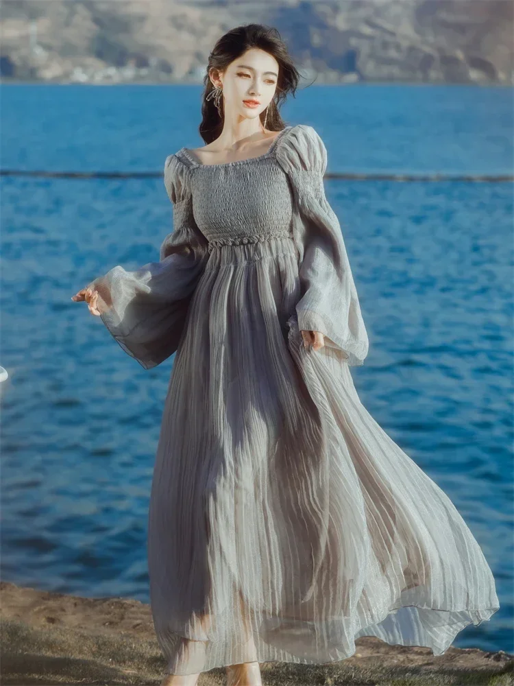 

Bohemian Style Gray Chiffon Beach Dress Woman Vintage Chic Design Flare Sleeve Slash Neck Folds Long Dresses Vestido Festa