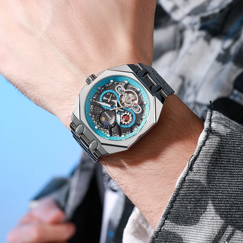 

Fashion Waterproof Watch Men Stainless Steel Silver Luxury Automatic Watch Tourbillon Transparent Mechanical Watch Men 2025 New