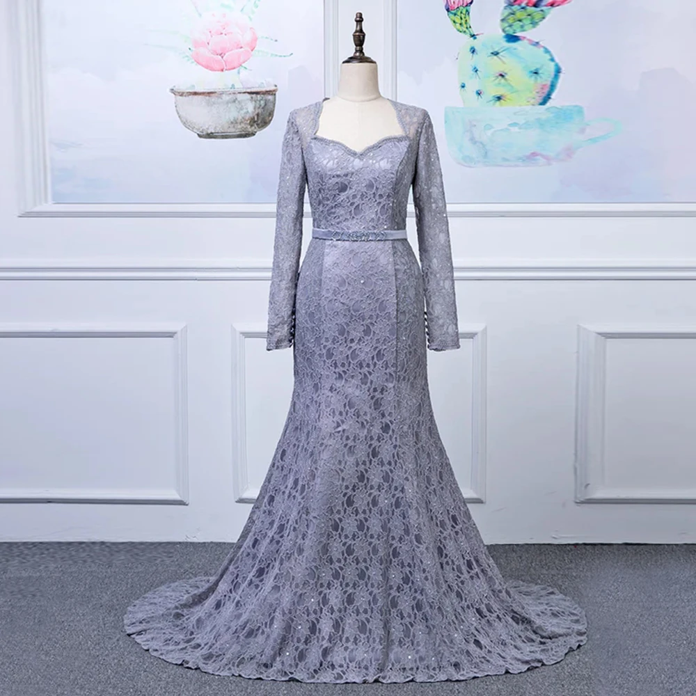 

Yipeisha Silver Real Picture Mother Of Bride Dresses Lace Belt Full Sleeve Mermaid Wedding Party Gowns 2022 New Arrived Summer