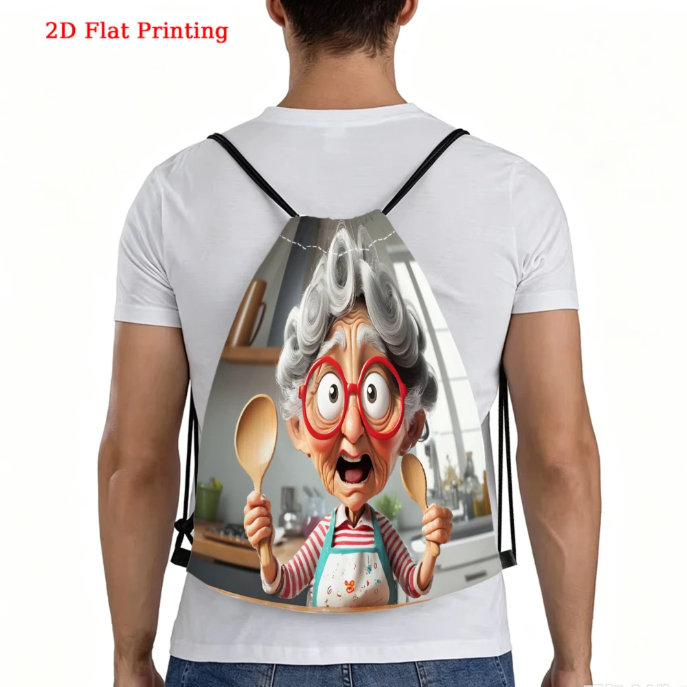 Cartoon Style, Drawstring Backpack, 2D Flat Printing Funny Old Lady Pattern, Fitness Sports Bag, Outdoor Travel Drawstring Bag