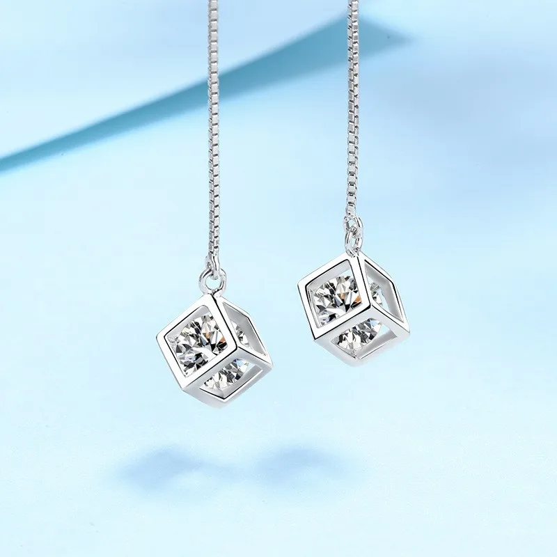 Women PT950 Platinum Drop Earrings Girl Valentine's Day  Love Cube Ear Threads Line 1/2CT Moissanite Diamond Birthday Gift Ins