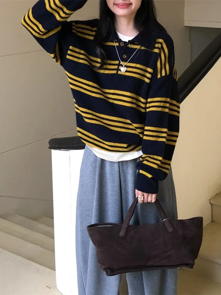 

Retro Classic Striped Pullover Women Autumn Winter 2025 New Fashion Casual Knitted Sweater Long Sleeve Turndown Collar Jumper
