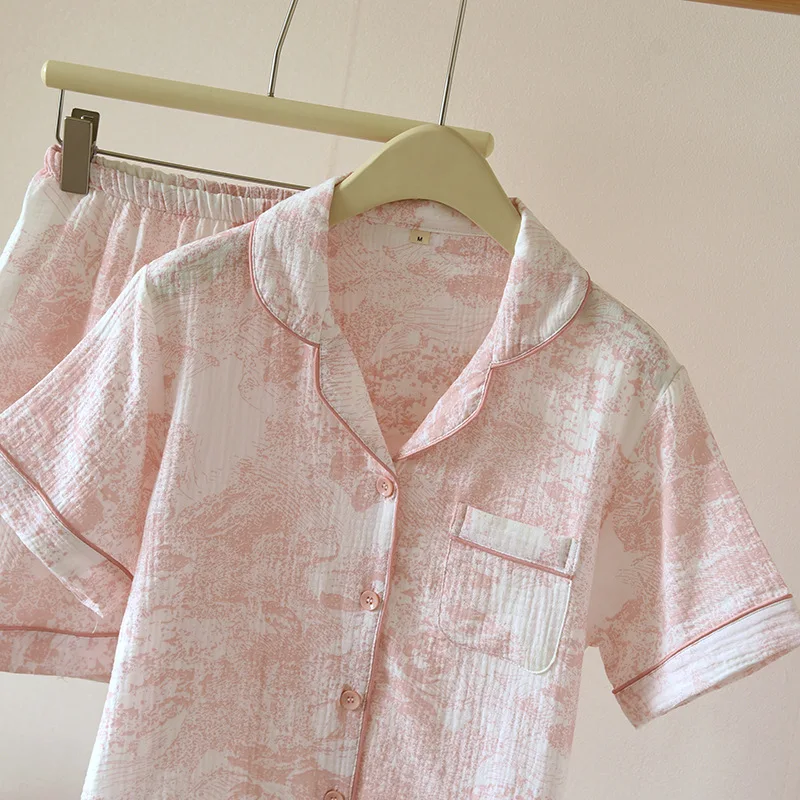 100% Cotton Pajamas For Women Vintage Printed Short Sleeve Shorts Home Suit Lapel Shirt Pant Sets Casual Sleepwear Clothes image 4