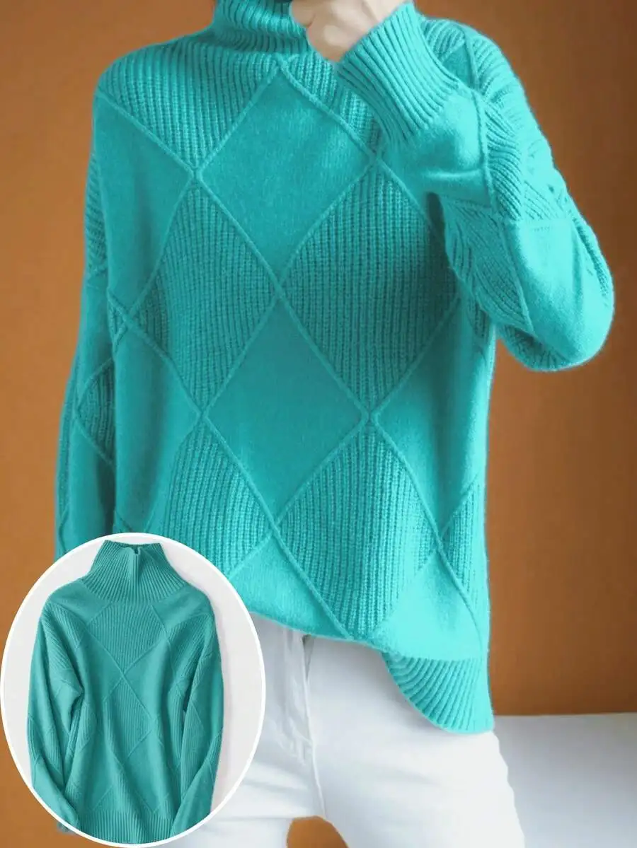 

Женский бирюзовый свитер с высоким воротником и длинными рукавами, вязаный с ромбовидным узором