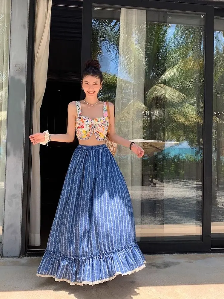 Vintage High Waist Blue White Striped Maxi Skirt Women Y2k Grunge A-line Spring Summer Long Skirt Lace Loose Mujer Skirts New