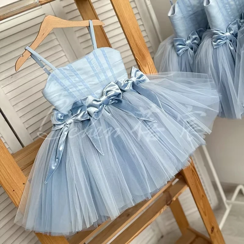 2025 Newest Fashion Girls' Royal Tutu Clothes Ball Gown Tulle for Birthday Blue Sling Princess Dress Soft Fluffy Puffy Lolita