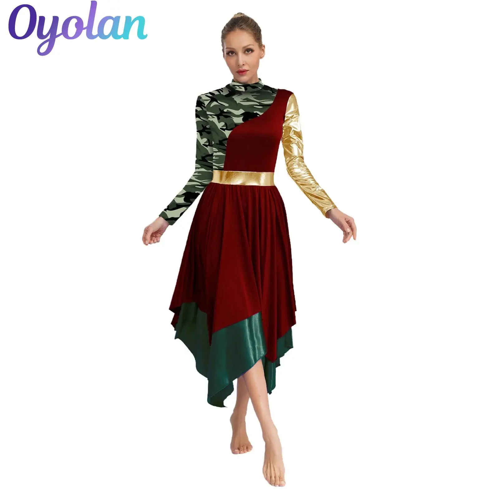 

Womens Liturgical Praise Dance Dresses Christian Choir Performance Costume Long Sleeve Stylish Print Color Block Irregular Dress