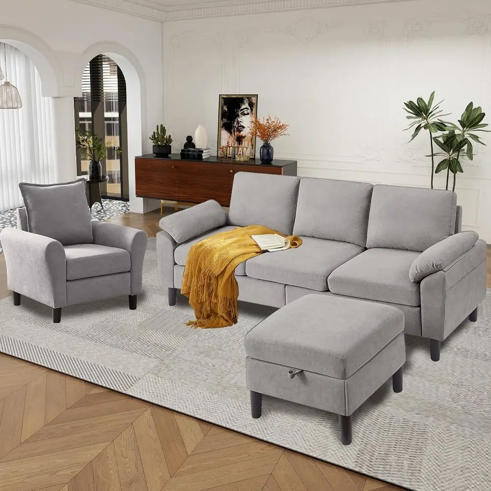 

79 Convertible Sectional Sofa Set, Linen Small L-Shaped Couch with Reversible Ottoman and Accent Chair, 3-Seat Sofas for Living