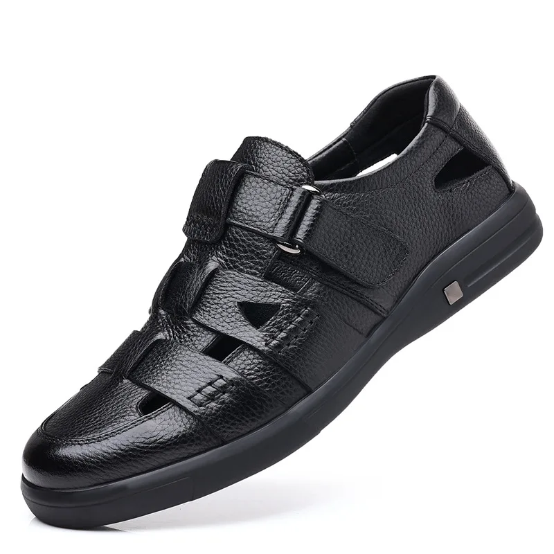 Fashion Mens Genuine Leather Sandals 2023 Summer Flat Soft Cow Leather Male Footwear Thick Sole Brand Black Casual Shoes