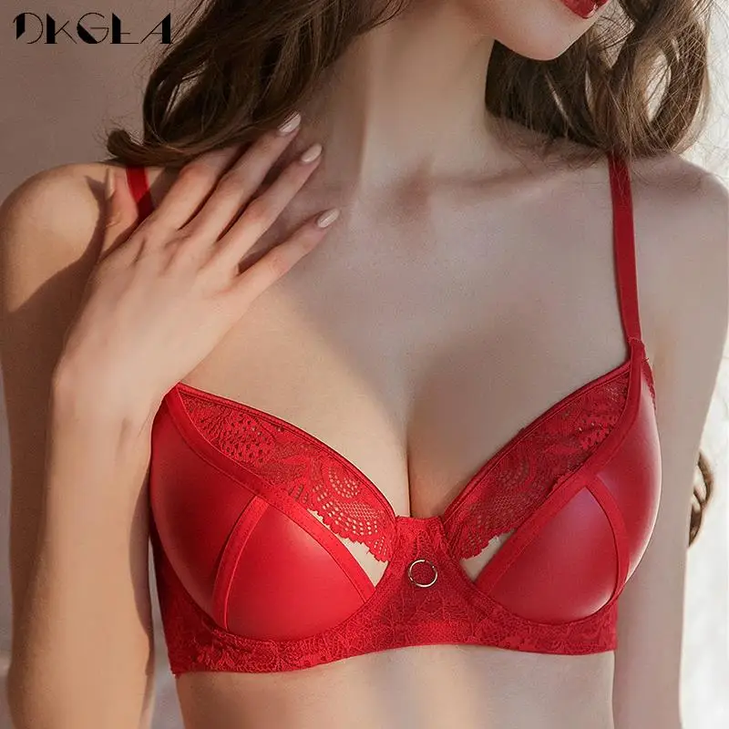 Fashion New Synthetic Leather Underwear Set Women Sexy Brassiere Glossy Push Up Bra Set Lace Embroidery Thin Lingerie B C D Cup