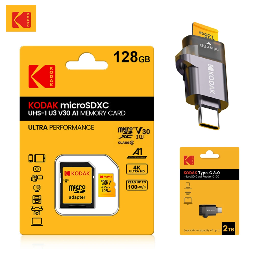 Kodak 100% Original Micro SD Card 32GB 64GB 128GB 256GB V30 U3 4K High Speed TF Card for Dash Cam Car Camera Driving Recorder