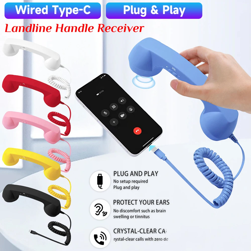 Type C Universal Retro Telephone Handset Retro Telephone Receiver Handset Mini Microphone Speaker for Mobile Phones Computers